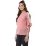 Generic Women's Polyester Lace Inserts Half Sleeve Top (Pink) - Image 3
