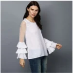 Generic Women's Polyester Solid Tier Sleeve Top (White) - Image 4