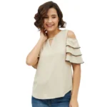 Beige Polyester Tiered Cold Shoulder Top for Women