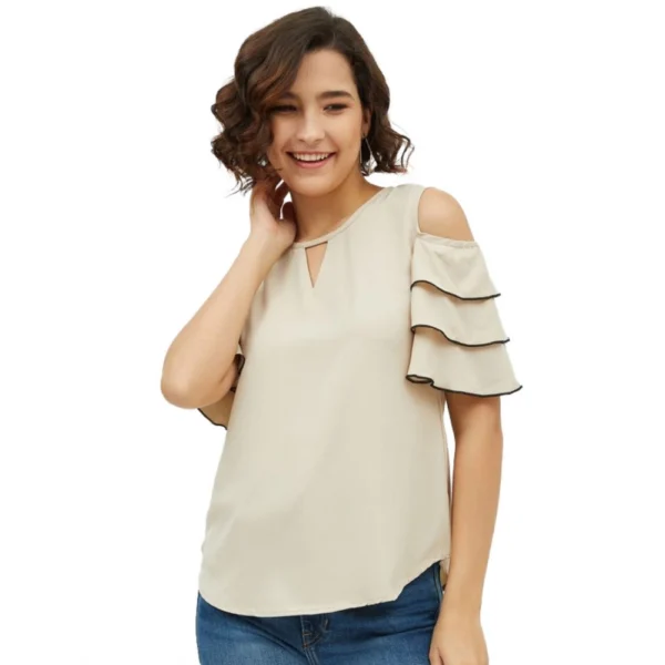 Beige Polyester Tiered Cold Shoulder Top for Women