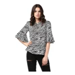 Black White Animal Print Bell Sleeve Polyester Top for Women