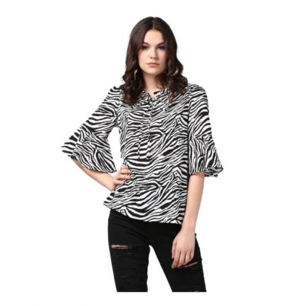 Black White Animal Print Bell Sleeve Polyester Top for Women