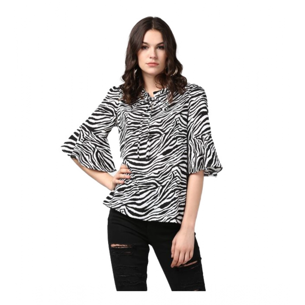 Black White Animal Print Bell Sleeve Polyester Top for Women