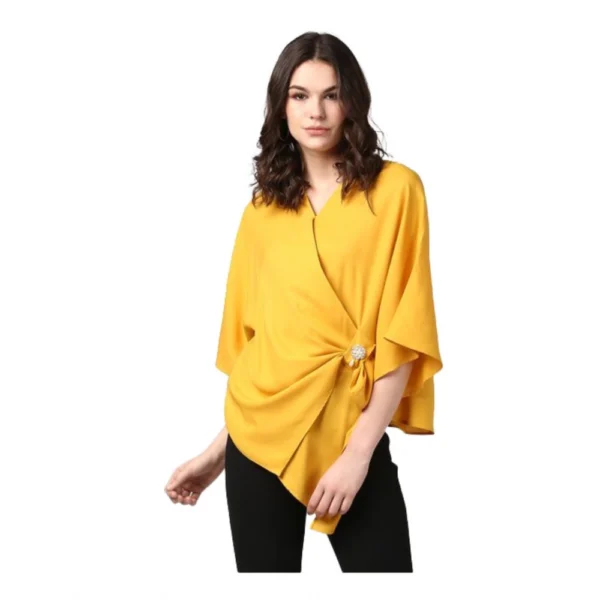 Yellow Polyester Solid Cape Sleeve Top for Women