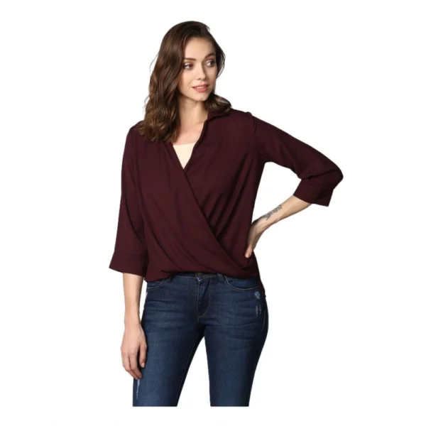 Generic Women's Polyester Solid 3-4th Sleeves Top (Maroon)