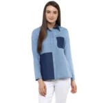 Blue Denim Patch Work Long Sleeve Top