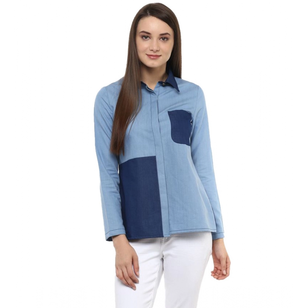 Blue Denim Patch Work Long Sleeve Top