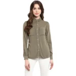 Generic Women's Rayon Solid Long Sleeves Standard Length Shirt (Olive Green)