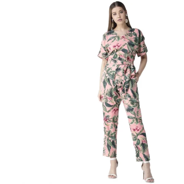 Pink Floral Half Sleeve Jumpsuit