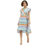 Multicolor Satin Striped Short Sleeve Knee-Length Dress