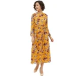 Multicolor Floral Long Sleeve Calf-length Polyester Dress