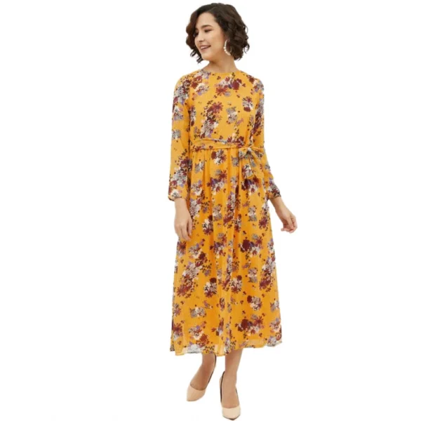 Multicolor Floral Long Sleeve Calf-length Polyester Dress
