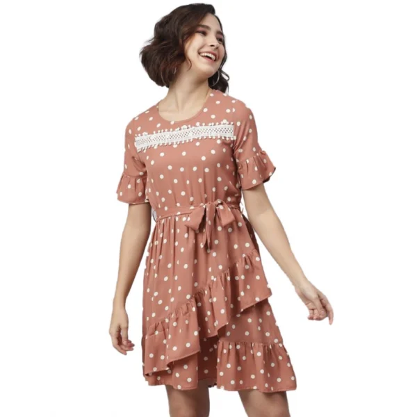 Brown Polka Bell Sleeve Above Knee Dress for Women