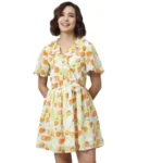 Yellow Orange Printed Flutter Above Knee Dress for Women