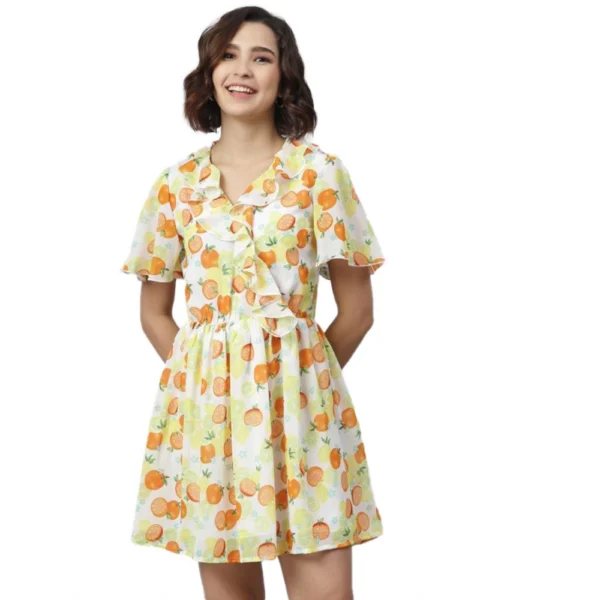 Yellow Orange Printed Flutter Above Knee Dress for Women