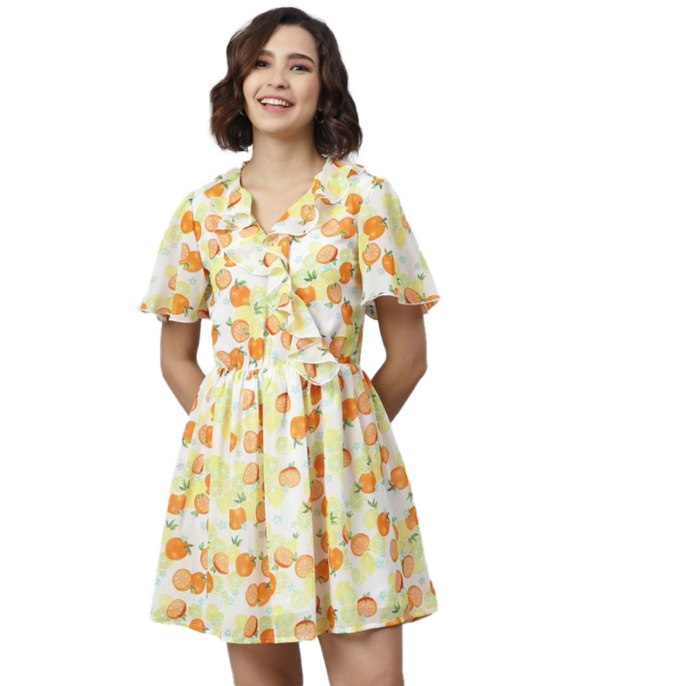 Yellow Orange Printed Flutter Above Knee Dress for Women