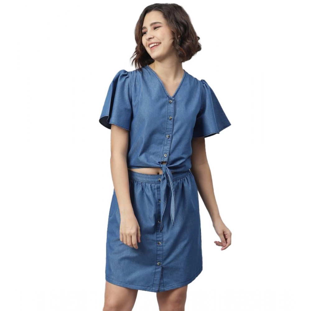 Blue Denim Flutter Above Knee Dress for Women