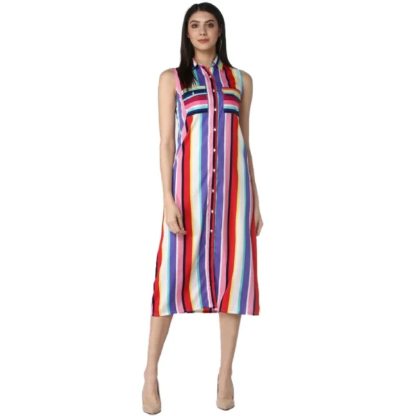 Multicolor Striped Sleeveless Calf-length Dress