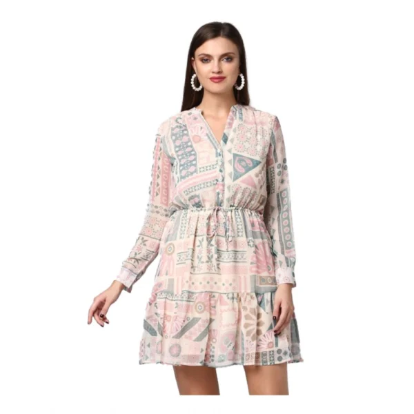 Light Pink Printed Long Sleeve Above Knee Dress