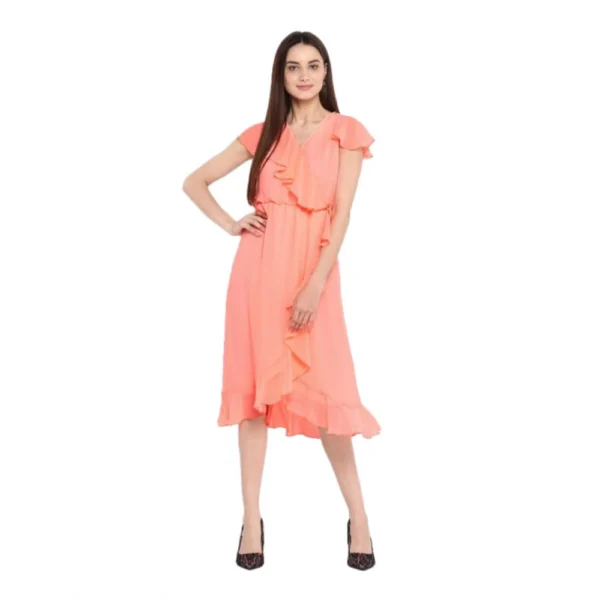 Neon Pink Ruffled Cap Sleeve Below Knee Dress