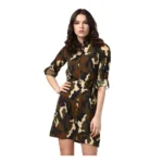 Green Black Polyester Printed Roll Up Sleeve Tunic Top for Women