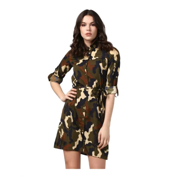 Green Black Polyester Printed Roll Up Sleeve Tunic Top for Women