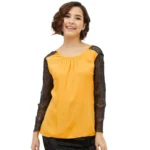 Yellow Rayon Lace Inserts Long Sleeves Top for Women