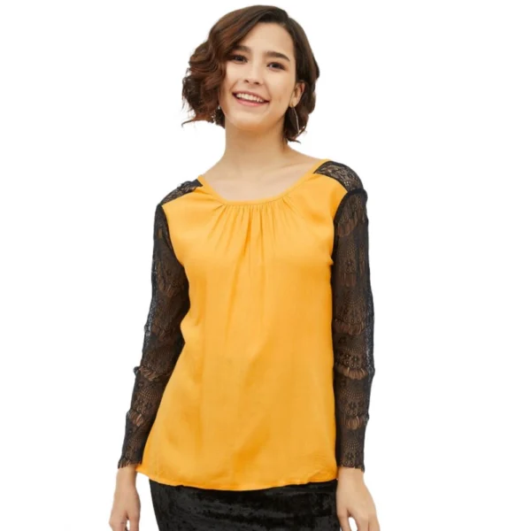 Yellow Rayon Lace Inserts Long Sleeves Top for Women