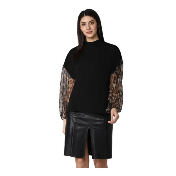 Black Women's Polyester Animal Print Long Sleeves Top