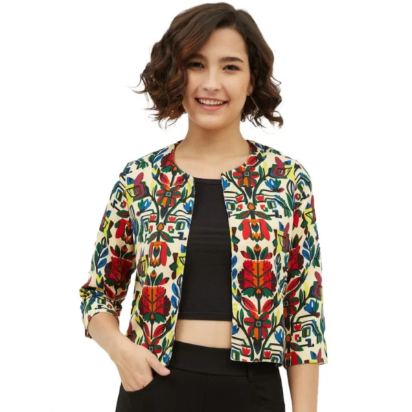 Multicolor Floral Polyester 3-4th Sleeves Shrug for Women