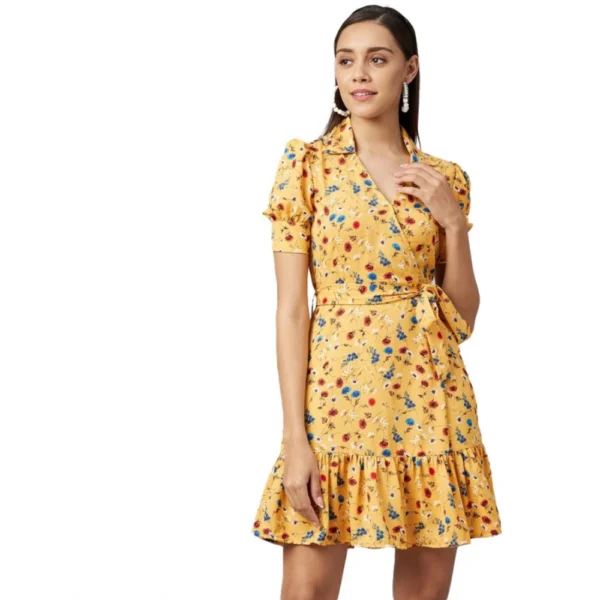 Yellow Floral Short Sleeve Above Knee Dress