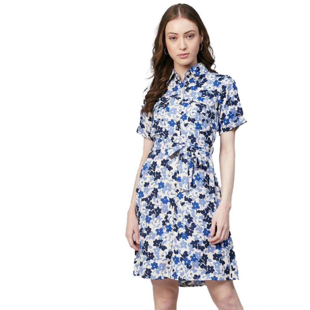 Blue White Floral Short Sleeve Dress