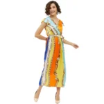 Multicolor Satin Chain Print Cap Sleeve Calf-length Dress