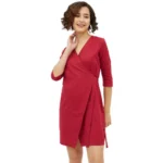 Generic Women's Cotton Wrap 3-4th Sleeves Above Knee Dress (Maroon)