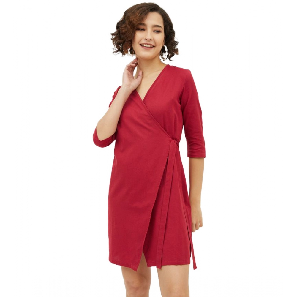 54041513721_100ef6c612_o_d-1000x1000-1.webp Generic Women's Cotton Wrap 3-4th Sleeves Above Knee Dress (Maroon) - Image 1