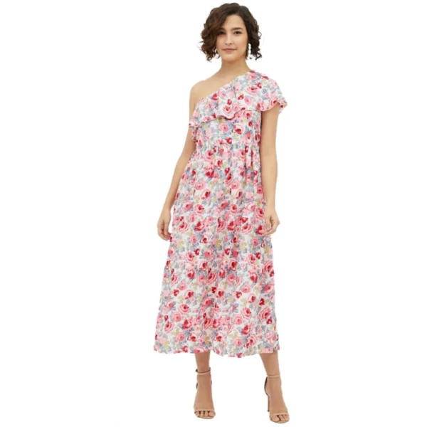 Multicolor Floral One Shoulder Calf-length Polyester Dress