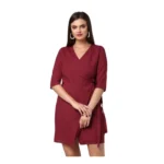 Maroon Cotton 3/4 Sleeve Above Knee Dress
