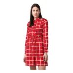Red Checkered Long Sleeve Above Knee Dress