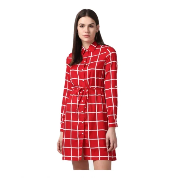 Red Checkered Long Sleeve Above Knee Dress
