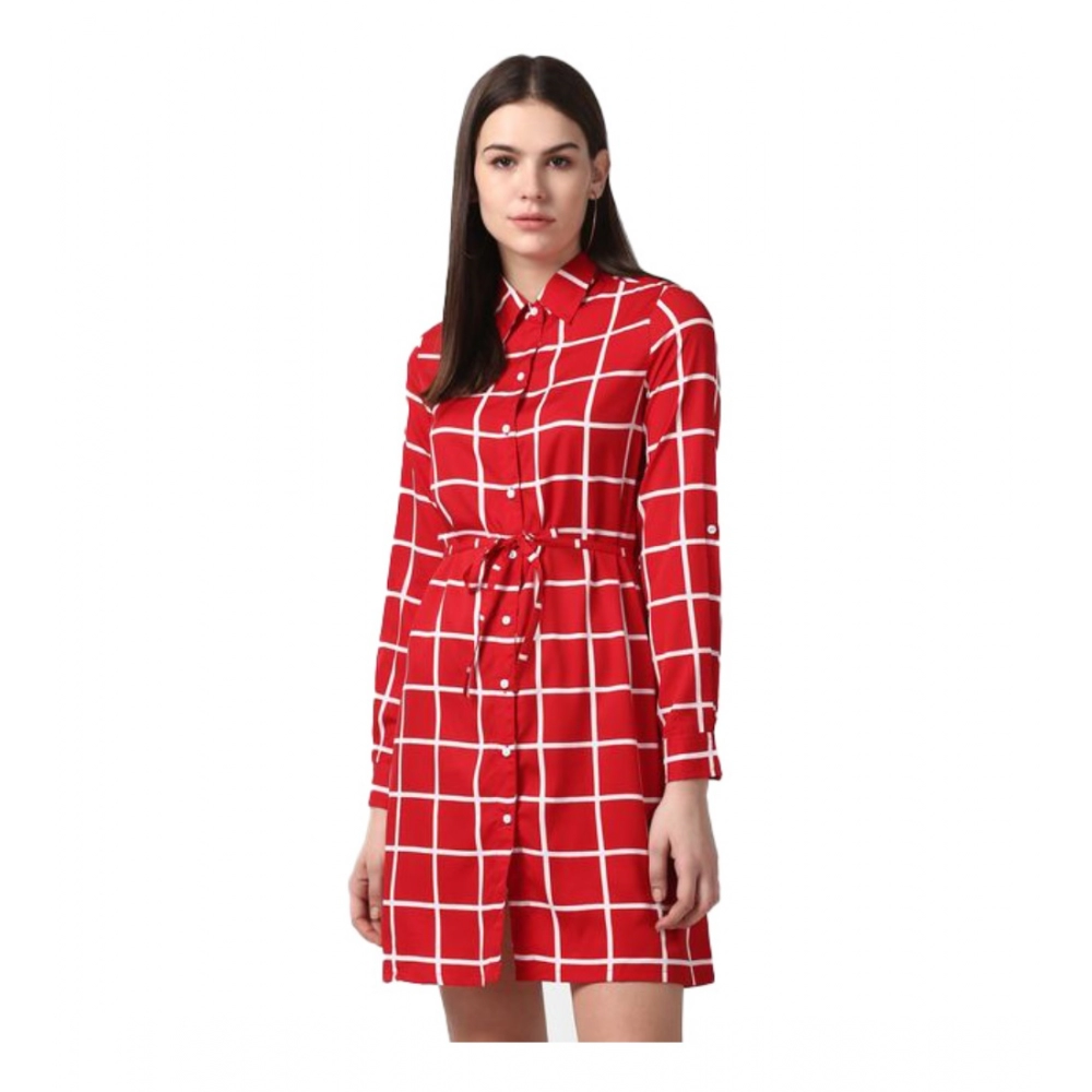Red Checkered Long Sleeve Above Knee Dress