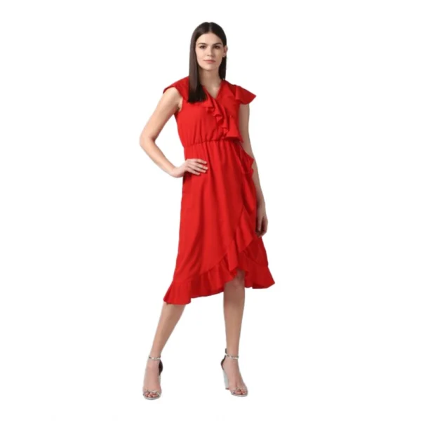 Red Ruffled Cap Sleeve Knee-Length Dress