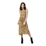 Yellow and Black Chain Print Sleeveless Below Knee Dress