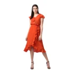 Orange Ruffled Cap Sleeve Knee-Length Dress