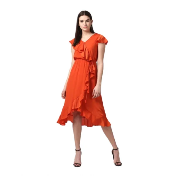 Orange Ruffled Cap Sleeve Knee-Length Dress