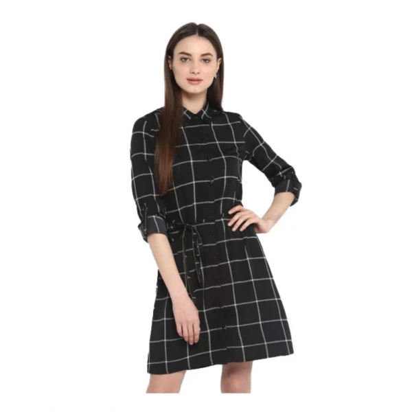 Black White Polyester Checkered Dress