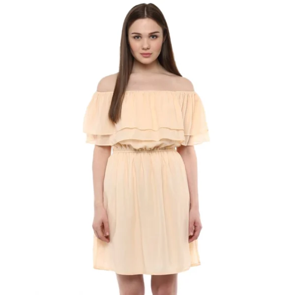 Beige Solid Sleeveless Knee-Length Dress