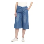 Generic Women's Denim Solid Buttoned Below Knee Culottes (Light Blue)