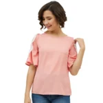 Generic Women's Polyester Lace Inserts Cold Shoulder Top (Pink)