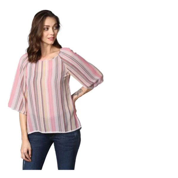 Pink Striped 3/4 Sleeve Polyester Top for Women