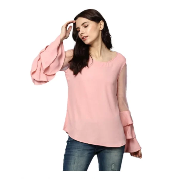 Pink Polyester Solid Tier Sleeve Top for Women